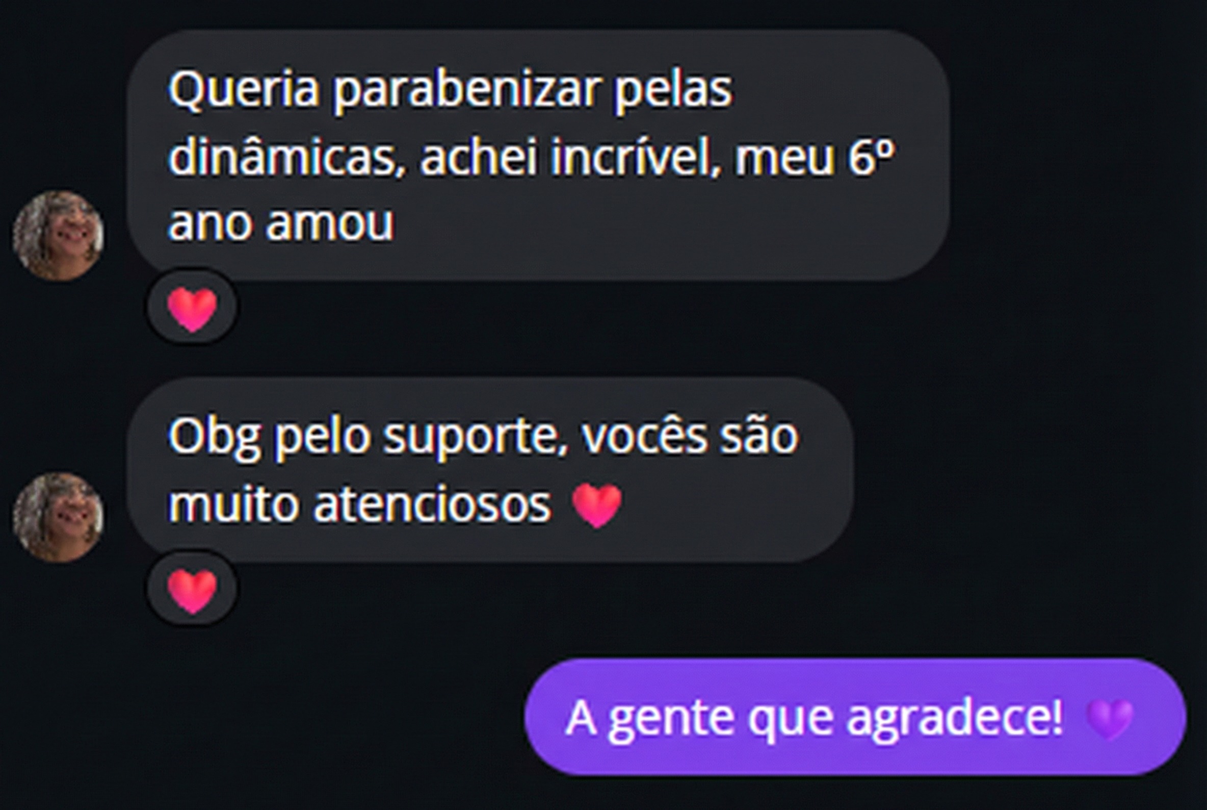 Depoimento de professora elogiando as dinamicas